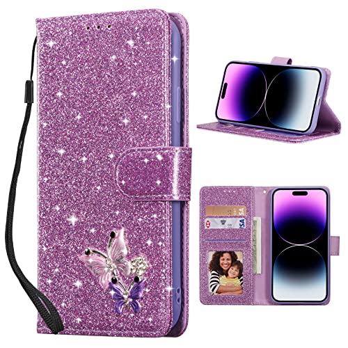 UEEBAI Klapphülle für iPhone 14 Pro Max 6.7 inch, PU Lederhülle Glitzer 3D Schmetterling Flip Cover Standfunktion mit Kartenfach Schutzhülle Diamant Glänzende Geldbörse Handschlaufe Etui - Lila von UEEBAI