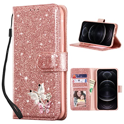 UEEBAI Klapphülle für iPhone 15 Pro Max 6.7 inch, Premium PU Lederhülle Glitzer 3D Schmetterling Silikon Weich Schutzhülle mit Kartenfächern Standfunktion Magnetverschluss Hülle - Roségold UEEBAI Klapphülle für iPhone 15 Pro Max 6.7 inch, Premium PU Lederhülle Glitzer 3D Schmetterling Silikon Weich Schutzhülle mit Kartenfächern Standfunktion Magnetverschluss Hülle - Roségold von UEEBAI