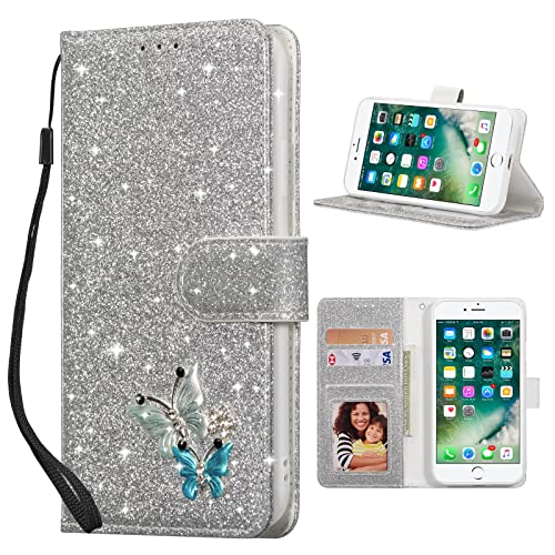 UEEBAI Klapphülle für iPhone SE3 5G/iPhone 7/iPhone 8/iPhone SE2, PU Lederhülle Glitzer Flip Cover Standfunktion mit Kartenfach Schutzhülle Diamant Glänzende Geldbörse Handschlaufe Etui - Silber von UEEBAI