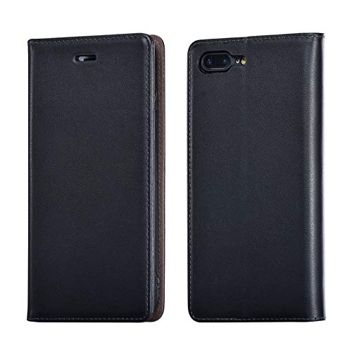 UEEBAI Lederhülle für iPhone 7 Plus iPhone 8 Plus, Retro Hochwertig Handmade Echtleder Hülle RFID Schutz Weich TPU Klapphülle mit Kartenfache Standfunktion Magnetverschluss Flip Case - Schwarz von UEEBAI