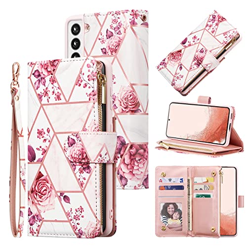 UEEBAI Schutzhülle für Samsung Galaxy S23 Plus 5G, hochwertiges PU-Leder, Magnetverschluss, Handtasche, Reißverschlussfach, Kartenfächer mit Handschlaufe, Flip Wallet Case für Damen – rosa Blume von UEEBAI