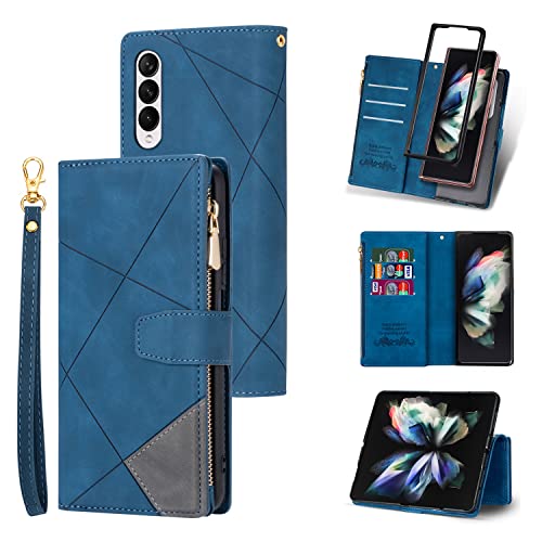 UEEBAI Schutzhülle für Samsung Galaxy Z Fold 3 5G, Vintage-Premium-PU-Leder-Hülle mit Kartenfächern, Magnetverschluss, Reißverschlussfach, Ständer, Handtasche mit Handschlaufe, Blau von UEEBAI