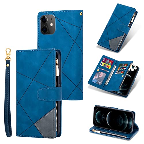 UEEBAI Schutzhülle für iPhone 12, iPhone 12 Pro, 15,5 cm (6,1 Zoll), Vintage-PU-Leder, Klappetui mit Kartenfächern, Magnetverschluss, Reißverschlussfach, Ständer, Handtasche mit Handschlaufe, von UEEBAI