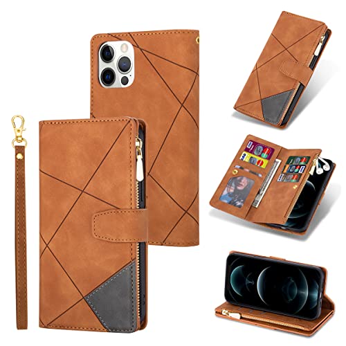 UEEBAI Schutzhülle für iPhone 12, iPhone 12 Pro, 15,5 cm (6,1 Zoll), Vintage-PU-Leder, Klappetui mit Kartenfächern, Magnetverschluss, Reißverschlussfach, Ständer, Handtasche mit Handschlaufe, von UEEBAI