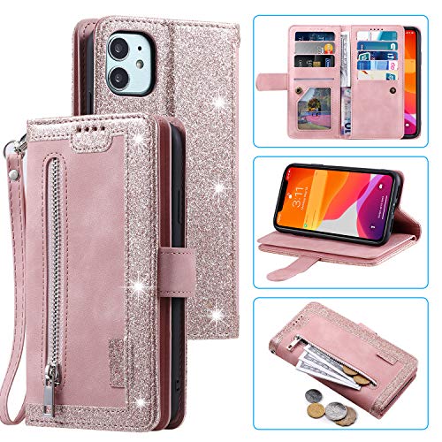 UEEBAI Schutzhülle für iPhone 12 Mini, 13,7 cm (5,4 Zoll), Retro-Design, 9 Kartenfächer, Reißverschlussfach, Handtasche, PU-Leder, Magnetverschluss, Ständer mit Handschlaufe, TPU, stoßfest, Rotgold von UEEBAI