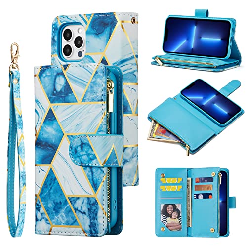 UEEBAI Schutzhülle für iPhone 16 Pro Max 17,5 cm (6,9 Zoll), Premium-PU-Leder, Magnetverschluss, geometrisches Marmormuster, Handtasche, Reißverschlusstasche, Ständer, Kartenhalter, Steckplätze von UEEBAI