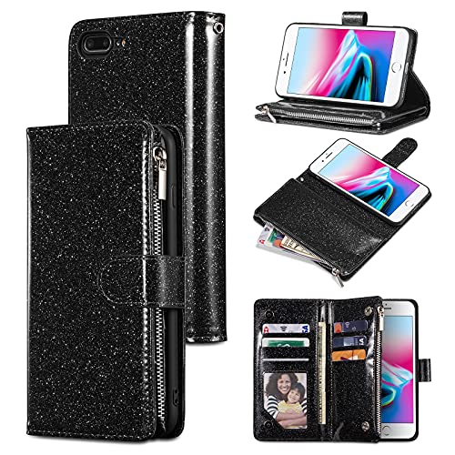 UEEBAI Schutzhülle für iPhone 7 Plus, iPhone 8 Plus, Premium-Glitzer-PU-Lederhülle, Magnetverschluss, glitzernde Handtasche, Reißverschlusstasche, Ständer, stoßfeste Klapphülle, Glitzer-Schwarz von UEEBAI