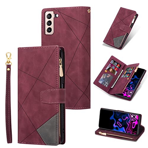 UEEBAI Wallet Case for Samsung Galaxy S21 5G, Vintage Premium PU Leather Cover Flip Case with Card Slots Magnetic Closure Zipper Pocket Kickstand Handbag with Hand Strap - Splice Wine Red von UEEBAI