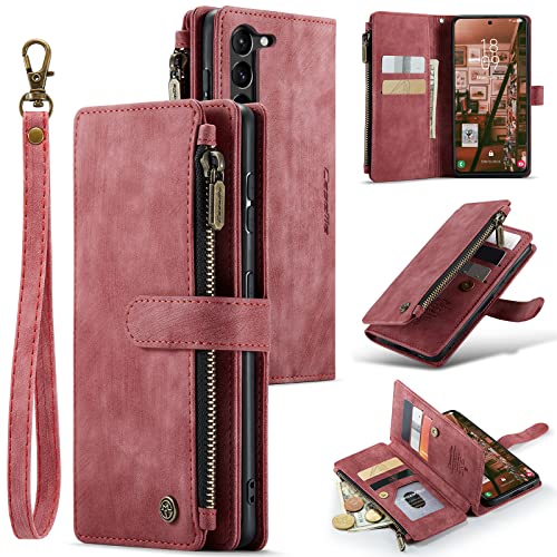 UEEBAI Wallet Case for Samsung Galaxy S22 5G, Premium Handmade PU Leather Phone Case Card Slots Magnetic Closure Zipper Pocket Kickstand Flip Case with Hand Strap - Red von UEEBAI