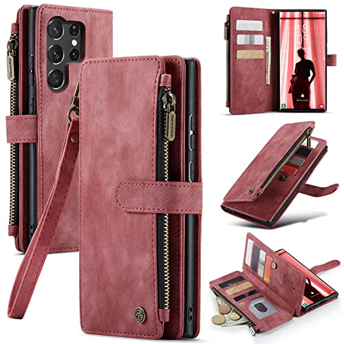 UEEBAI Brieftaschen-Schutzhülle für Samsung Galaxy S22 Ultra, Vintage, handgefertigt, PU-Leder, Kartenfächer, Magnetverschluss, Reißverschlussfach, Ständer, Klapphülle mit Handschlaufe, Rot von UEEBAI
