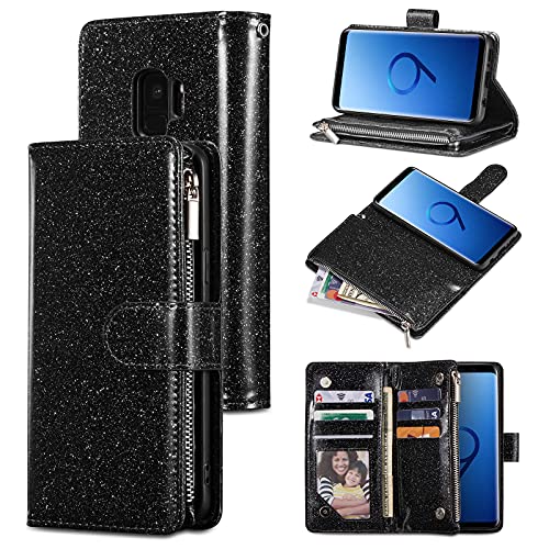 UEEBAI Wallet Case for Samsung Galaxy S9, Premium PU Leather Magnetic Closure Handbag Zipper Pocket Case Kickstand Card Slots with Hand Strap Shockproof Flip Case - Glitter Black von UEEBAI
