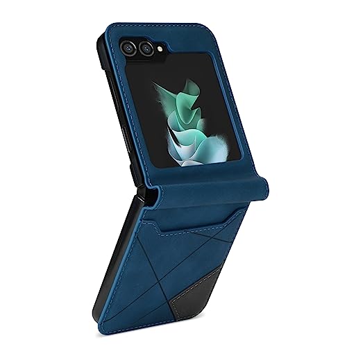 UEEBAI Wallet Case for Samsung Galaxy Z Flip 5 5G, Vintage Premium PU Leather Cover with Card Slots Magnetic Closure Zipper Pocket Kickstand Handbag Hand Strap - Diamond Blue, rauten - blau von UEEBAI