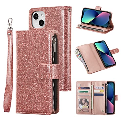 UEEBAI Wallet Case for iPhone 13 6.1, Premium Glitter PU Leather Case Magnetic Bling Handbag Zipper Pocket Case Kickstand Card Slots Shockproof Flip Cover - Rose Gold von UEEBAI