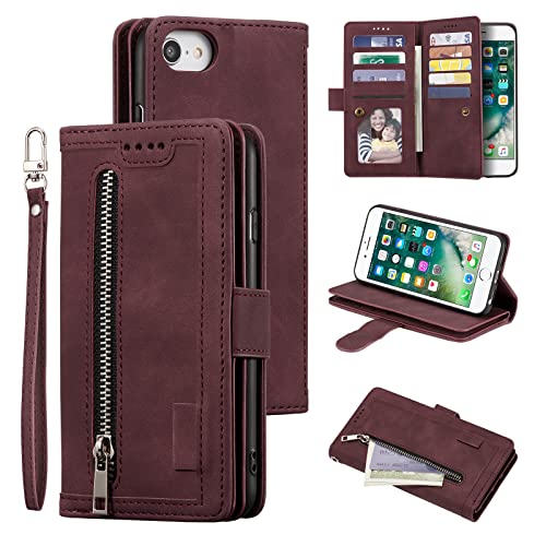 UEEBAI Wallet Case for iPhone SE 2022 5G/iPhone 7/iPhone 8/iPhone SE 2020, 9 Card Holder Slots Zipper Pocket Handbag Case PU Leather Magnetic Kickstand Wrist Strap Flip Case for SE3/SE2 - Wine Red von UEEBAI