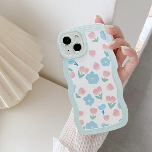 UEEBAI für iPhone 14 6.1 inch Hülle, Wellen Rahmenform Silikon Stoßfeste Schutzhülle Anti-Kratzt Rückseite TPU Bumper Cover für Mädchen Frauen Handyhülle für iPhone 14 6.1 inch - Blaue Blüten von UEEBAI