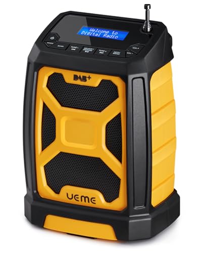 Baustellenradio Mit Akku Aufladbar, Tragbares DAB Plus/FM Radio Mit Bluetooth Lautsprecher, Radiowecker, Starkem Empfang, Inklusive USB to Dc Netzkabel (Gelb) von UEME