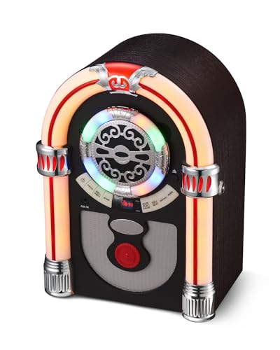 Mini Jukebox Musikbox mit CD-Spieler, Retro Musikanlage Nostalgie Design, Bluetooth, Vintage FM/UKW Radio Wireless für Zuhause, Aux-In Port und Farbwechsel LED Lichter von UEME