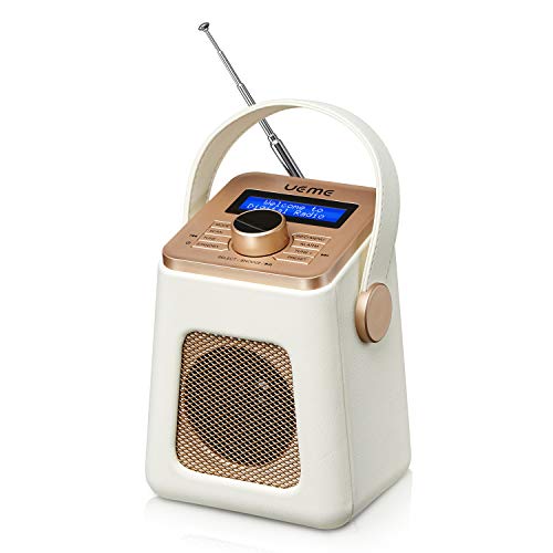 UEME Mini DAB+ DAB Digitalradio und UKW Radio mit Bluetooth Lautsprecher, Radiowecker, und Leder Verkleiden (Creme) von UEME