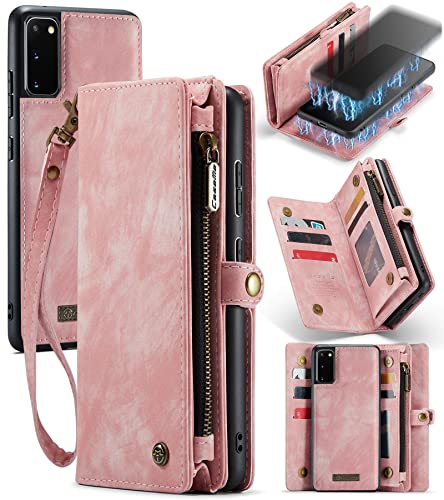 UFinetech 2-in-1 Samsung Galaxy S20 Hülle Tasche Handy Leder TPU Flip Magnetisch Kartenfach Ständer Reißverschluss mit Band Aufklappbar Luxus Abnehmbar Samsung Galaxy S20 5G Cover Wallet 2021 Rosa von UFinetech