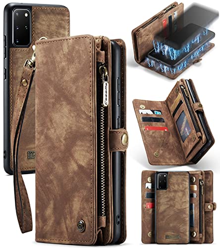 UFinetech 2-in-1 Samsung Galaxy S20 Plus Hülle Handy Tasche Leder TPU Flip Magnetisch Ständer Kartenfach Reißverschluss Retro Luxus Abnehmbar Samsung Galaxy S20+ 5G Cover Wallet 2021 mit Band Braun von UFinetech