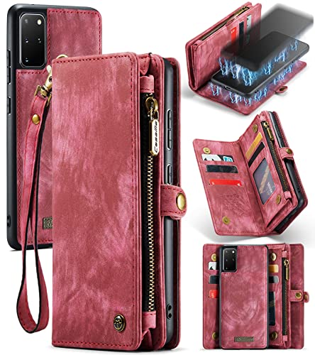 UFinetech 2-in-1 Samsung Galaxy S20 Plus Hülle Handy Tasche Leder TPU Flip Magnetisch Ständer Kartenfach Reißverschluss Retro Luxus Abnehmbar Samsung Galaxy S20+ 5G Cover Wallet 2021 mit Band Rot von UFinetech