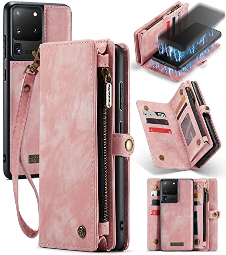 UFinetech 2-in-1 Samsung Galaxy S20 Ultra Hülle Tasche Leder TPU Abnehmbar Handy Flip Magnetisch Kartenfach Band Ständer Reißverschluss Retro Luxus Samsung Galaxy S20 Ultra 5G Cover Wallet 2021 Rosa von UFinetech