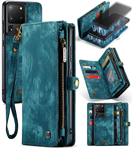 UFinetech 2-in-1 Samsung Galaxy S20 Ultra Hülle Tasche Leder TPU Abnehmbar Handy Flip Magnetisch Kartenfach Band Ständer Reißverschluss Retro Luxus Samsung Galaxy S20 Ultra 5G Cover Wallet 2021 Blau von UFinetech