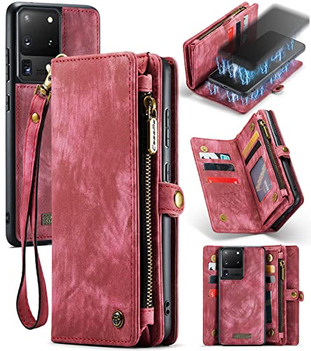 UFinetech 2-in-1 Samsung Galaxy S20 Ultra Hülle Tasche Leder TPU Abnehmbar Handy Flip Magnetisch Kartenfach Band Ständer Reißverschluss Retro Luxus Samsung Galaxy S20 Ultra 5G Cover Wallet 2021 Rot von UFinetech