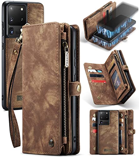 UFinetech 2-in-1 Samsung Galaxy S20 Ultra Hülle Tasche Leder TPU Abnehmbar Handy Flip Magnetisch Kartenfach Ständer Reißverschluss Retro Samsung Galaxy S20 Ultra 5G Cover Wallet 2021 mit Band Braun von UFinetech