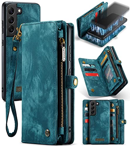 UFinetech 2-in-1 Samsung Galaxy S21 Hülle Tasche Handy Leder TPU Flip Magnetische Ständer Kartenfach mit Band Reißverschluss 2021 Stylish Luxus Abnehmbare Samsung Galaxy S21 5G Cover Wallet Blau von UFinetech