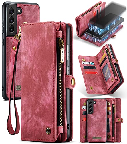 UFinetech 2-in-1 Samsung Galaxy S21 Hülle Tasche Handy Leder TPU Flip Magnetische Ständer Kartenfach mit Band Reißverschluss 2021 Stylish Luxus Abnehmbare Samsung Galaxy S21 5G Cover Wallet Rot von UFinetech