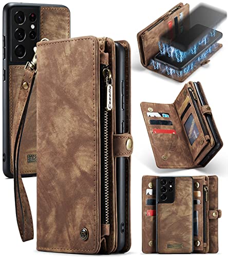 UFinetech 2-in-1 Samsung Galaxy S21 Ultra Hülle Tasche TPU Leder Handy Flip Magnetische mit Ständer Band Kartenfach Reißverschluss 2021 Retro Abnehmbare Samsung Galaxy S21 Ultra 5G Cover Wallet Braun von UFinetech