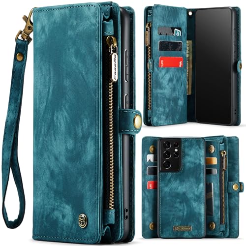 UFinetech 2-in-1 Samsung Galaxy S21 Ultra Hülle Tasche TPU Leder Handy Flip Magnetische mit Ständer Band Kartenfach Reißverschluss 2021 Retro Abnehmbare Samsung Galaxy S21 Ultra 5G Cover Wallet Blau von UFinetech