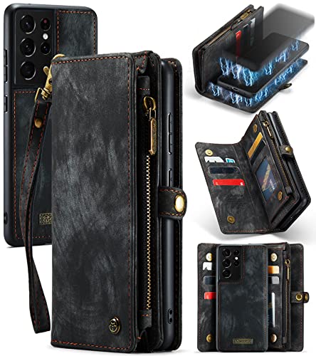 UFinetech 2-in-1 Samsung Galaxy S21 Ultra Hülle Tasche TPU Leder Handy Flip Magnetische mit Ständer Band Kartenfach Reißverschluss 2021 Retro Abnehmbare Samsung Galaxy S21 Ultra Cover Wallet Schwarz von UFinetech