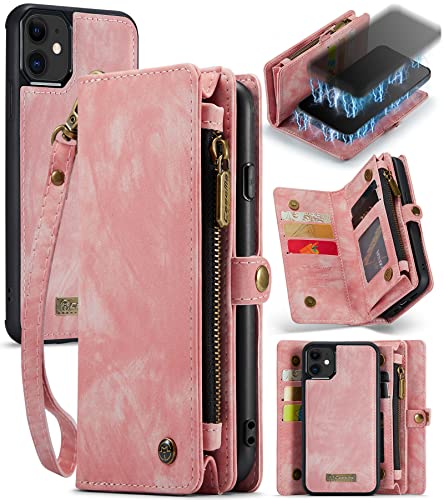 UFinetech 2-in-1 iPhone 11 Hülle Tasche Design Flip TPU Bumper Leder Abnehmbar Flexibel Magnetische Kartenfach Kordel Reißverschluss Outdoor 2020 Mädchen Damen Mann Wallet Etui iPhone 11 6.1 Rosa von UFinetech