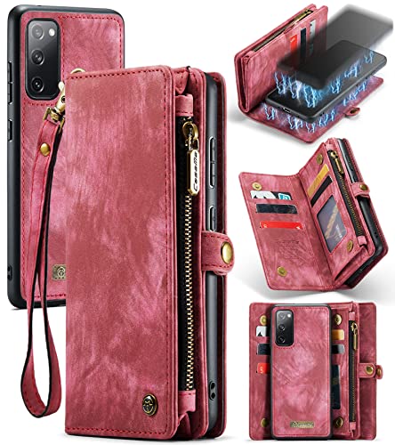 UFinetech Abnehmbar Samsung Galaxy S20 FE Hülle Tasche Handy Leder TPU Kartenfach Flip Magnetisch Reißverschluss Ständer Band Retro Stylish Luxus 2-in-1 Samsung Galaxy S20 FE 5G Cover Wallet 2021 Rot von UFinetech