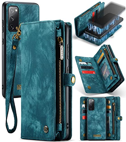 UFinetech Abnehmbar Samsung Galaxy S20 FE Hülle Tasche Handy Leder TPU Kartenfach Flip Magnetisch Reißverschluss Ständer Band Retro Stylish Luxus 2-in-1 Samsung Galaxy S20 FE 5G Cover Wallet 2021 Blau von UFinetech