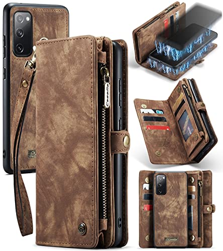 UFinetech Abnehmbar Samsung Galaxy S20 FE Hülle Tasche Handy Leder TPU Kartenfach Flip Magnetisch Reißverschluss Ständer mit Band Retro Luxus 2-in-1 Samsung Galaxy S20 FE 5G Cover Wallet 2021 Braun von UFinetech