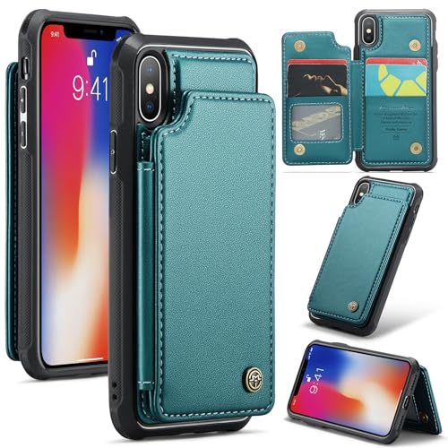 UFinetech Handyhülle kompatibel mit iPhone X/XS – PU Leder Flip Case mit Kartenfach, Magnetverschluss, Standfunktion, Stoßfest, Blau Grün von UFinetech