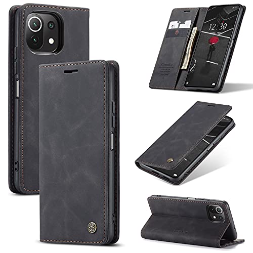 UFinetech Hülle für Xiaomi Mi 11 Lite, Leder Dünn Handyhülle Xiaomi Mi 11 Lite 5G, TPU Flip Magnetisch Ständer Kartenfächer Klappbar Stoßfest Kratzfest Tasche Kameraschutz Case Schutzhülle, Schwarz von UFinetech