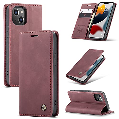 UFinetech Hülle für iPhone 13 Mini, Dünn Stoßfest Kratzfest Handyhülle Kompatibel mit iPhone 13 Mini 5.4”, Leder TPU Flip Magnetisch Kartenfächer Ständer Klappbar Weiche Tasche Kameraschutz Case, Rot von UFinetech