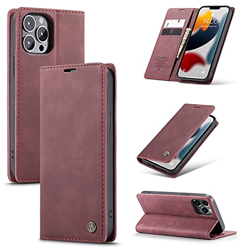 UFinetech Hülle für iPhone 13 Pro, Dünn Stoßfest Kratzfest Handyhülle Kompatibel mit iPhone 13 Pro 6,1 Zoll, Leder TPU Flip Magnetisch Kartenfächer Ständer Klappbar Weiche Tasche Kameraschutz Case,Rot von UFinetech