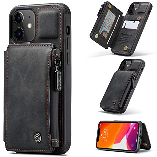 UFinetech Magnetisch 2-in-1 iPhone 12 Hülle Tasche Design Dünn Robust TPU Leder Flip Ständer Kartenfach Wasserdichte Reißverschluss RFID-Schutz Folie Case Cover iPhone 12 6.1 2020 Elegant Männer Damen von UFinetech