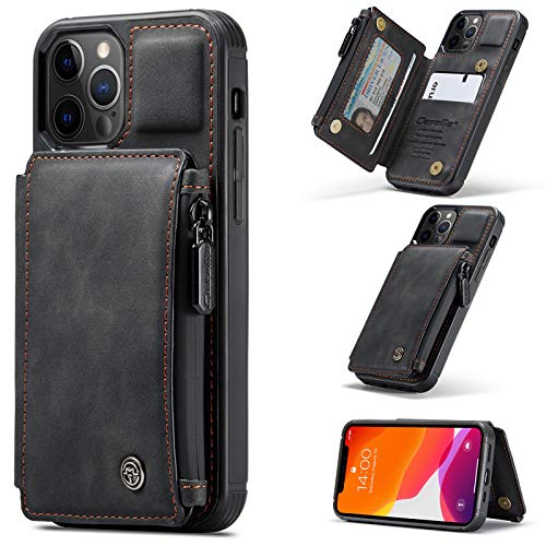 UFinetech Magnetisch 2-in-1 iPhone 12 Pro Max Hülle Tasche Design Dünn Robust TPU Leder Flip Ständer Kartenfach wasserdichte Reißverschluss RFID-Schutz Folie Case Cover iPhone 12 Pro Max 6.7 Elegant von UFinetech