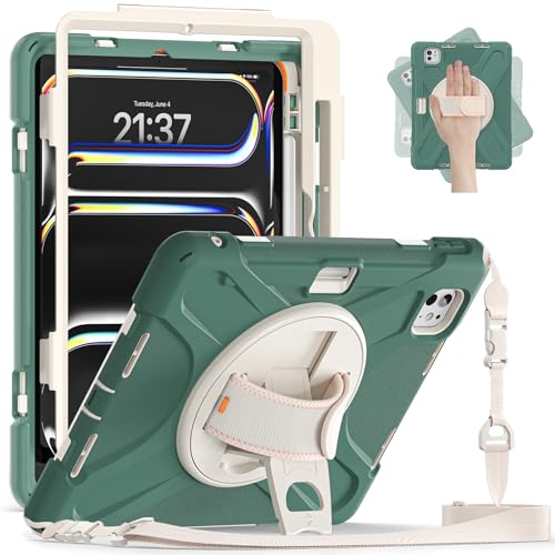 UFinetech Stoßfeste für iPad Pro 11 Zoll Hülle 2024 – Robustes Schutzhülle mit 360° drehbarem Handriemen, Ständer, Stifthalter und abnehmbarem Schultergurt – Perfekt für iPad Pro 11 (M4), Smaragdgrün von UFinetech