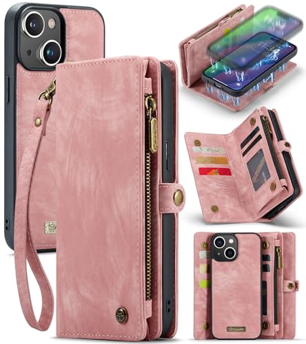 UFinetech für iPhone 15 Plus Hülle, Flip Leder TPU Stoßfeste Kartenfach Tasche Handyhülle für iPhone 15 Plus, Magnetisch Klapphülle Kratzfest Abnehmbare Reißverschluss Band Schutzhülle Cover, Rosa von UFinetech