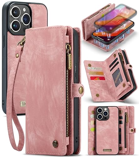 UFinetech für iPhone 15 Pro Max Hülle, Flip Leder TPU Stoßfeste Kartenfach Tasche Handyhülle für iPhone 15 Pro Max, Magnetisch Kratzfest Abnehmbare Reißverschluss mit Band Schutzhülle Cover, Rosa von UFinetech