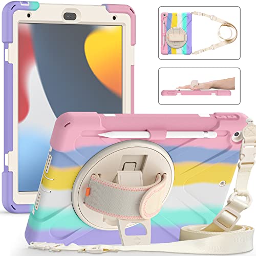 UFinetech iPad 9 Generation Hülle, iPad 10.2 Hülle, iPad Case 7./8., 360 Drehbarer Ständer Handschlaufe Schultergurt Pencil Halter, Stoßfeste Schutzhülle Kinder iPad Hülle 2021/2020/2019, Buntes Rosa von UFinetech