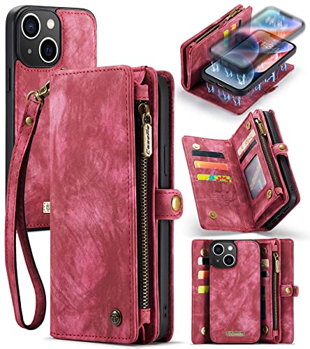 UFinetech iPhone 14 Plus Hülle, Flip Leder TPU Stoßfeste Kartenfach Tasche Handyhülle iPhone 14 Plus (6,7 Zoll), Magnetisch Klapphülle Kratzfest Abnehmbare Reißverschluss Band Schutzhülle Cover, Rot von UFinetech