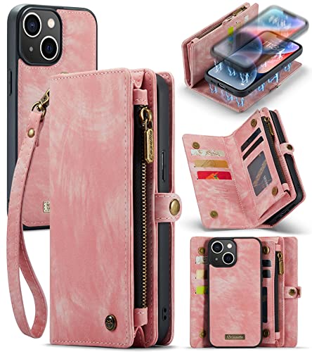 UFinetech iPhone 14 Plus Hülle, Flip Leder TPU Stoßfeste Kartenfach Tasche Handyhülle iPhone 14 Plus (6,7 Zoll), Magnetisch Klapphülle Kratzfest Abnehmbare Reißverschluss Band Schutzhülle Cover, Rosa von UFinetech